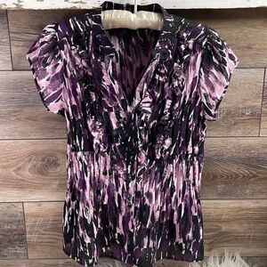 Nue Options Ladies Ruffled Dress Blouse Top, Size Medium, Pink, Plum & Black